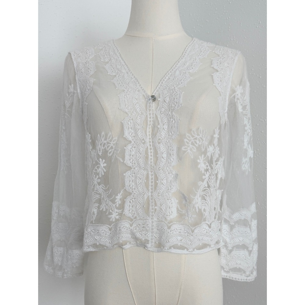 Rabbit Rabbit White Sheer Embroidered Lace Crop Cardigan Top Boho Cottagecore S